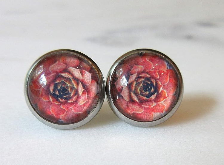 Summerfield Collection Stainless Steel Succulent Plant Print Glass Stud Earrings 12mm (Coral)