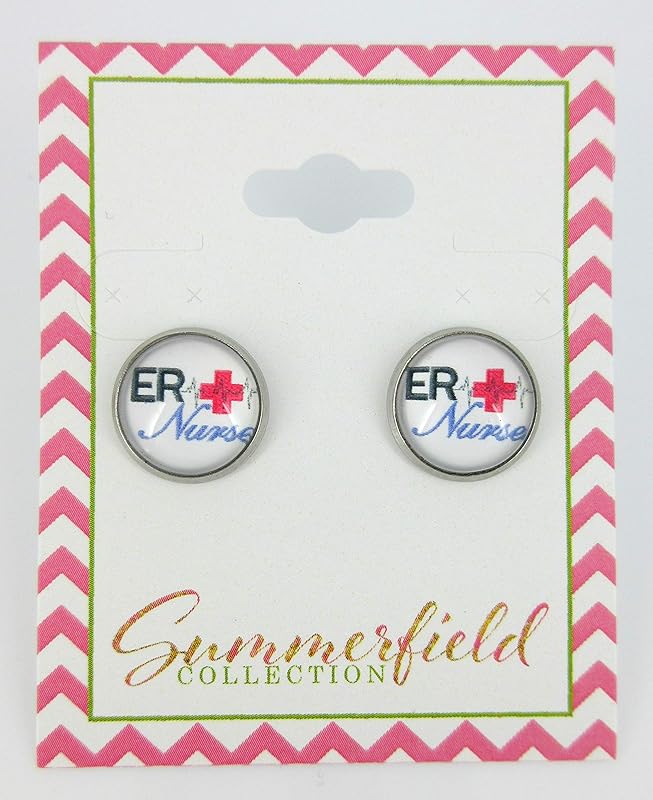 Summerfield Collection Stainless Steel ER Nurse Print Glass Stud Earrings 12mm White Black Red