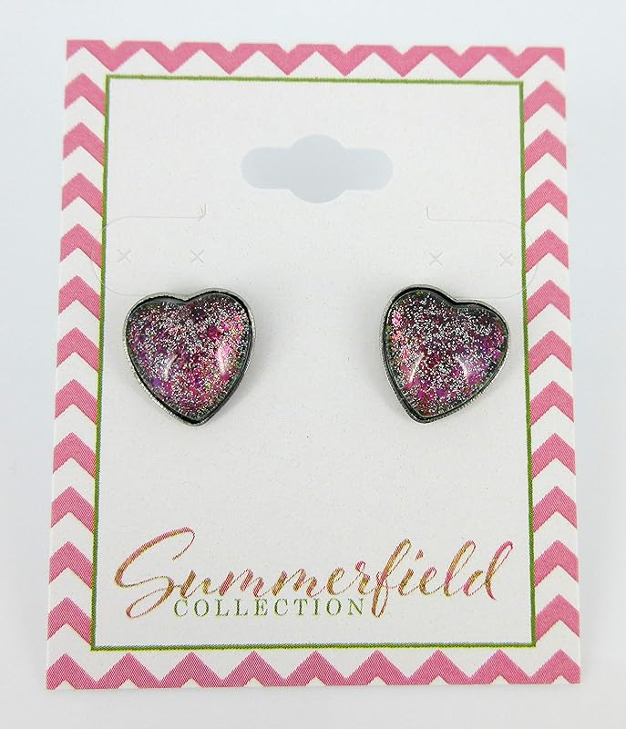 Summerfield Collection Stainless Steel Black and Rainbow Flake Glitter Glass Heart Stud Earrings Hand-painted