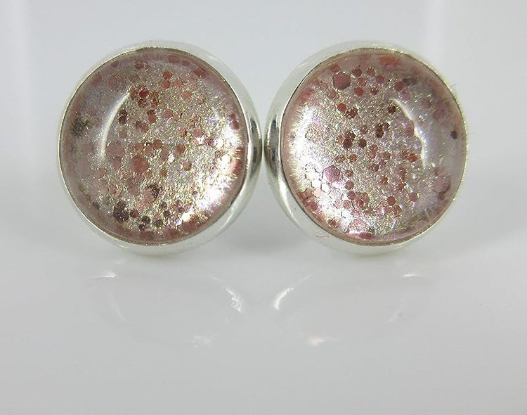 Summerfield Collection Silver-tone Shell Pink and Gold Shimmer Glitter Glass Stud Earrings Hand-painted 12mm