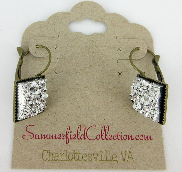 Summerfield Collection Antiqued Gold-tone Geometric Square Faux Druzy Stone Lever-back Drop Earrings (Silver Metallic)