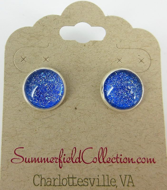 Summerfield Collection Silver-tone Cobalt Blue Holographic Glitter Glass Stud Earrings Hand-painted 12mm