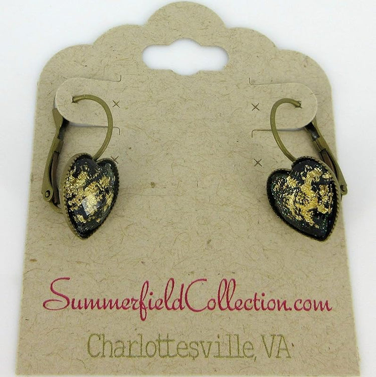 Summerfield Collection Antiqued Gold-tone Leaf Foil Black Glitter Resin Heart Drop Earrings Lever-back 12mm