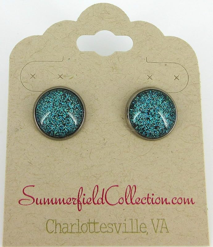 Summerfield Collection Hematite-tone Teal Green and Black Glitter Glass Stud Earrings Hand-painted 12mm