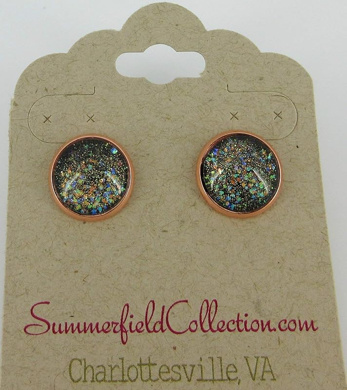 Summerfield Collection Rose Gold-tone Black Iridescent Glitter Glass Galaxy Stud Earrings Hand-painted 12mm
