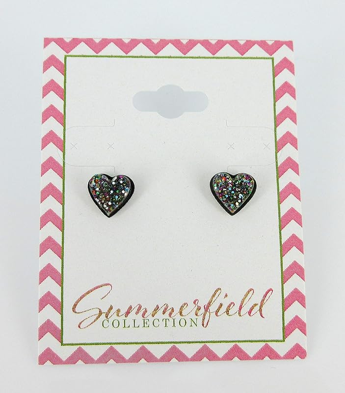 Summerfield Collection Stainless Steel Glitter Acrylic Heart Stud Earrings 8mm (Dark Rainbow)
