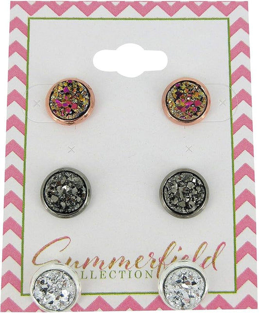 Summerfield Collection Trio Stud Earrings 8mm Gunmetal Metallic Rose Silver Faux Druzy Stone Set