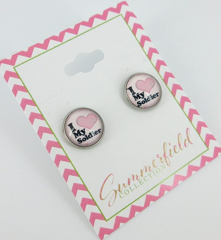 Summerfield Collection Stainless Steel I Love My Soldier Print Glass Stud Earrings 12mm Pink Black