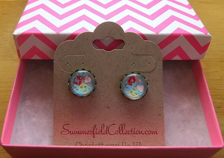 Summerfield Collection Antiqued Gold-tone Emoji Glitter Glass Stud Earrings Pink Red Yellow Aqua Blue Hand-painted