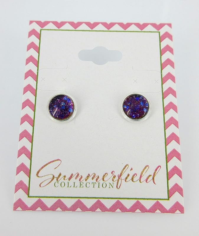 Summerfield Collection Silver-tone Bronze Blue Purple Glitter Glass Stud Earrings Hand-painted 8mm