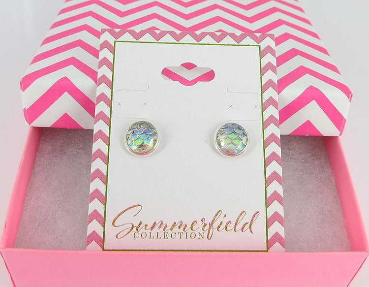 Summerfield Collection Silver-tone Metallic Mermaid Scale Stud Earrings 8mm (Clear AB)