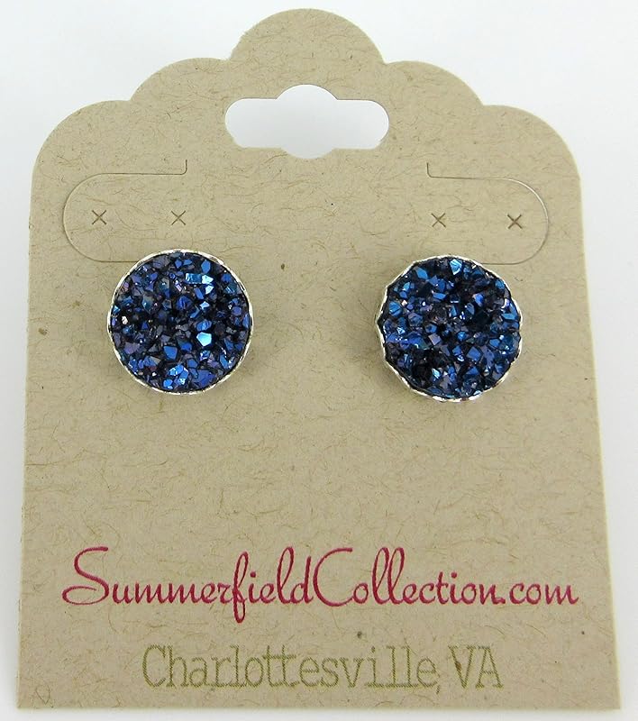 Summerfield Collection Silver-tone Faux Druzy Stone Stud Earrings 12mm (Metallic Dark Blue/Purple)