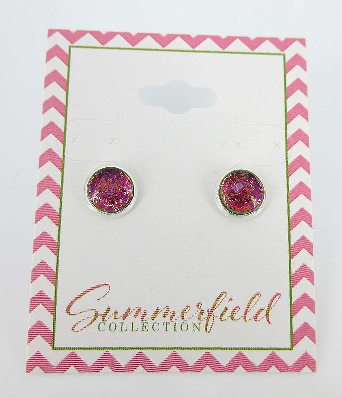 Summerfield Collection Silver-tone Hot Pink Green Gold Blue Glitter Glass Stud Earrings Hand-painted 8mm