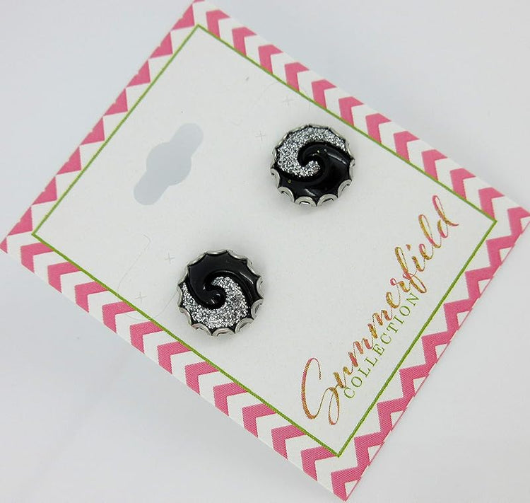 Summerfield Collection Stainless Steel Black and Silver Glitter Swirl Resin Stud Earrings 12mm
