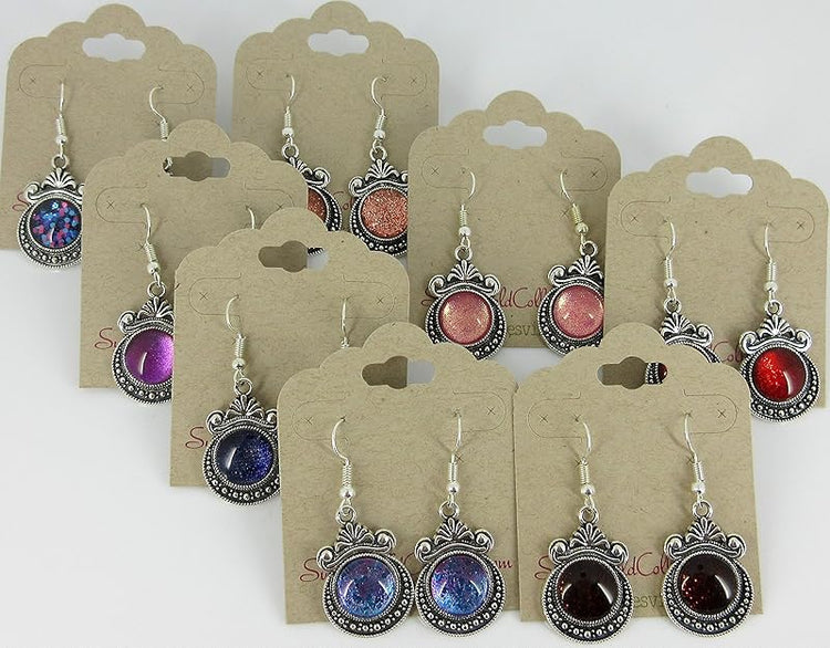 Summerfield Collection Antiqued Silver-tone Metallic Purple Shimmer Glass Dangle Earrings Hand-painted