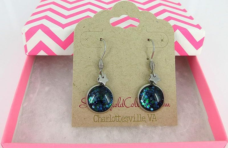 Summerfield Collection Stainless Steel Blue Green Glitter Glass Star Charm Galaxy Dangle Earrings Hand-painted