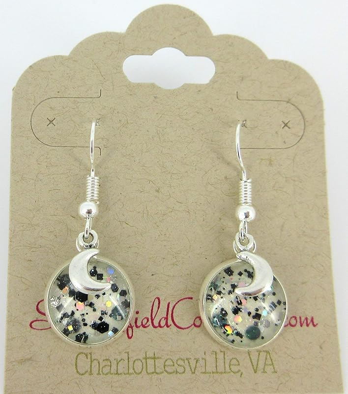 Summerfield Collection Silver-tone White and Black Glitter Glass Curved Horn Charm Dangle Earrings