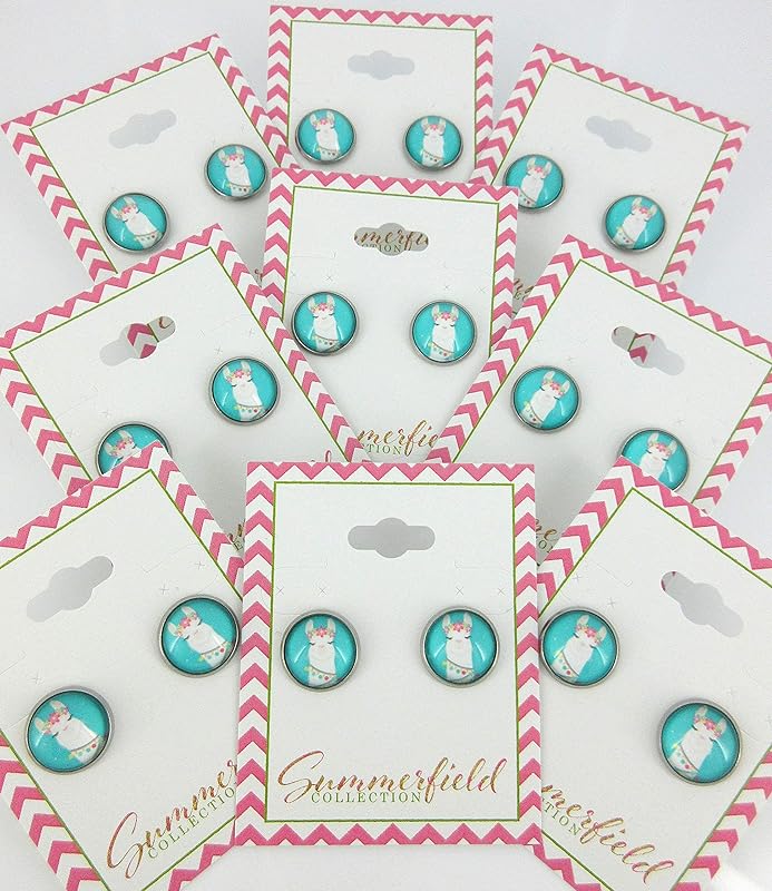 Summerfield Collection Stainless Steel Llama Print Glass Stud Earrings 12mm (Teal Face)