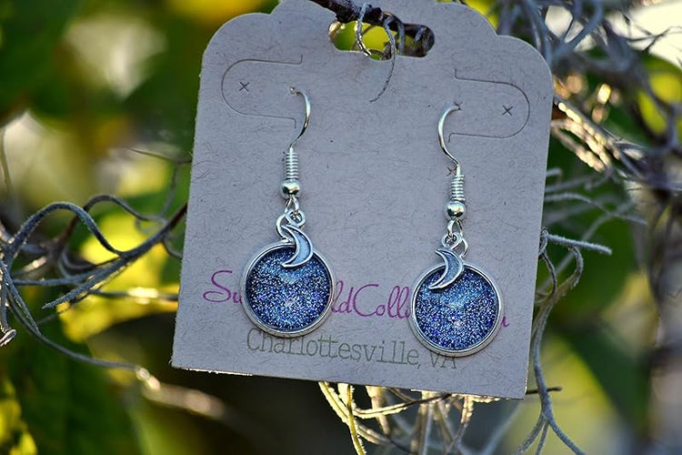 Summerfield Collection Silver-tone Starry Night Glitter Glass Crescent Moon Charm Galaxy Dangle Earrings