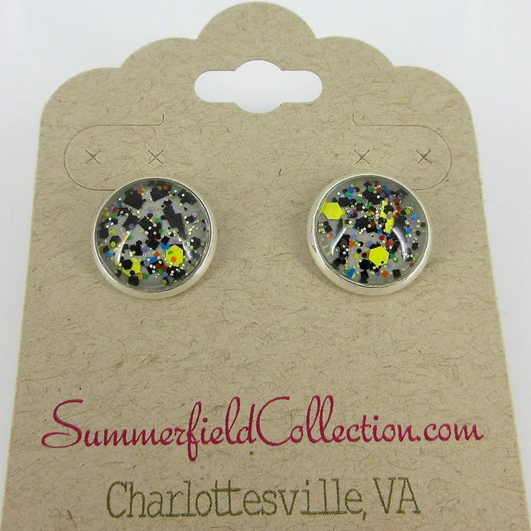Summerfield Collection Silver-tone Gray Black Yellow Multi Color Glitter Glass Stud Earrings Hand-painted 12mm
