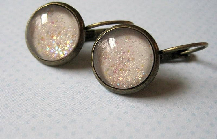 Summerfield Collection Antiqued Gold-tone Winter White Glitter Glass Lever-back Drop Galaxy Earrings Hand-painted