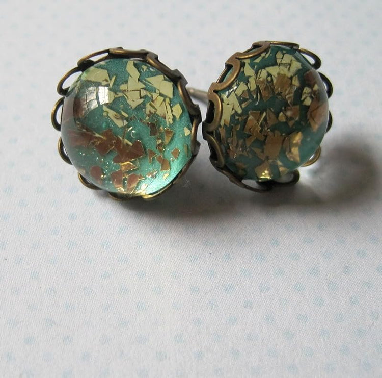 Summerfield Collection Antiqued Gold-tone Teal Blue Green Glitter Glass Stud Earrings Hand-painted 12mm