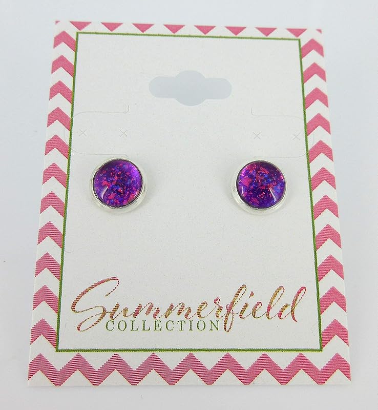 Summerfield Collection Silver-tone Electric Magenta Purple Glitter Glass Stud Earrings Hand-painted 8mm