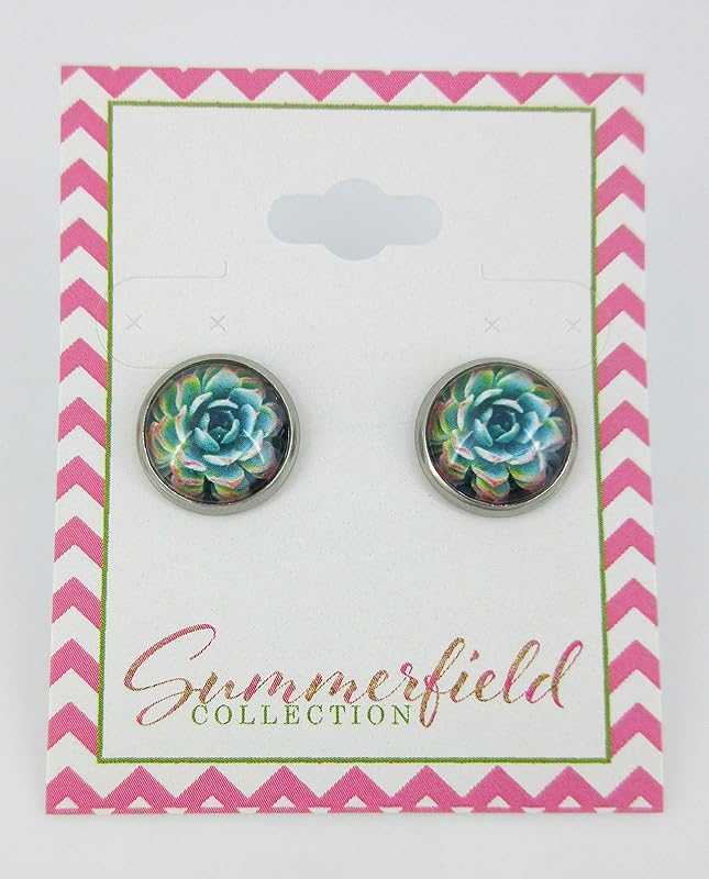 Summerfield Collection Stainless Steel Succulent Plant Print Glass Stud Earrings 12mm (Green/Yellow/Red)