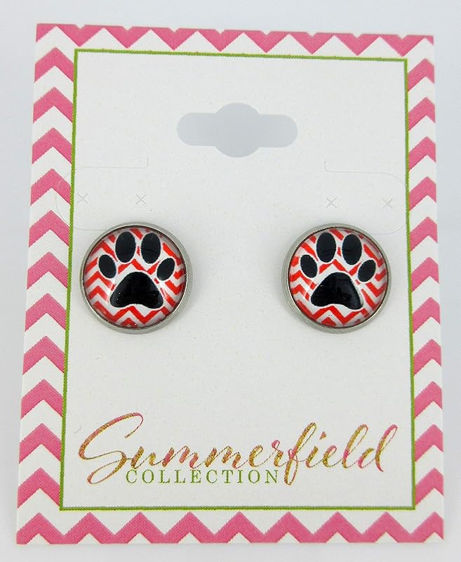 Summerfield Collection Stainless Steel Chevron and Black Paw Print Glass Stud Earrings 12mm (Red)