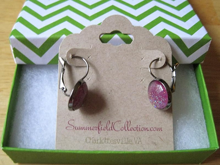 Summerfield Collection Hematite-tone Plum Berry Purple Glitter Glass Lever-back Drop Galaxy Earrings Hand-painted