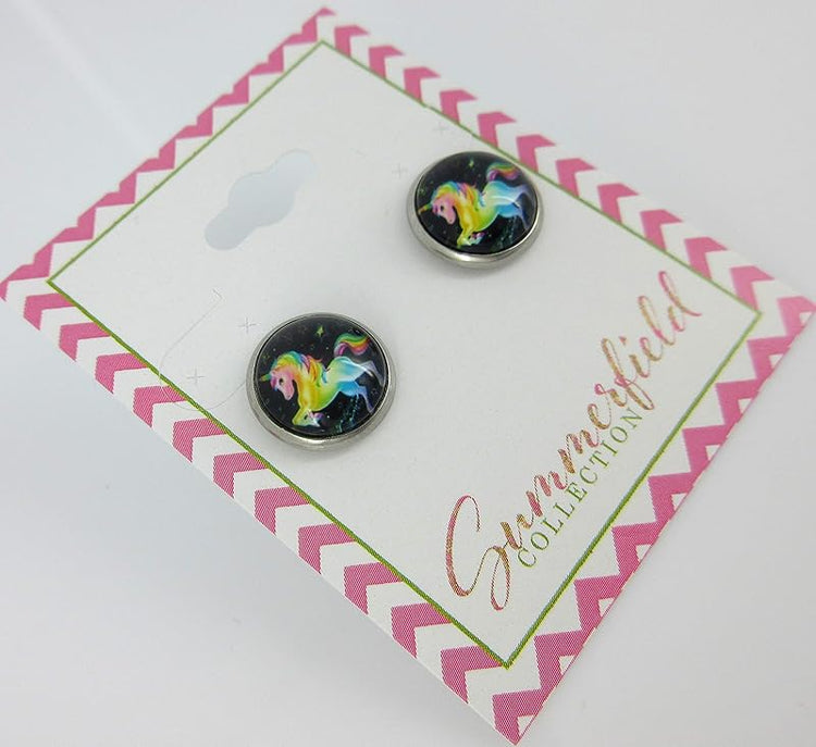 Summerfield Collection Stainless Steel Rainbow Unicorn Black Print Glass Stud Earrings 12mm