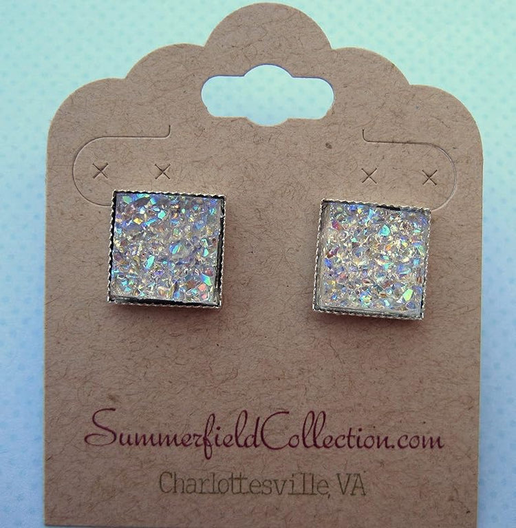 Summerfield Collection Silver-tone Metallic Geometric Square Shaped Chunky Faux Druzy Stud Earrings 12mm Statement (Clear AB)