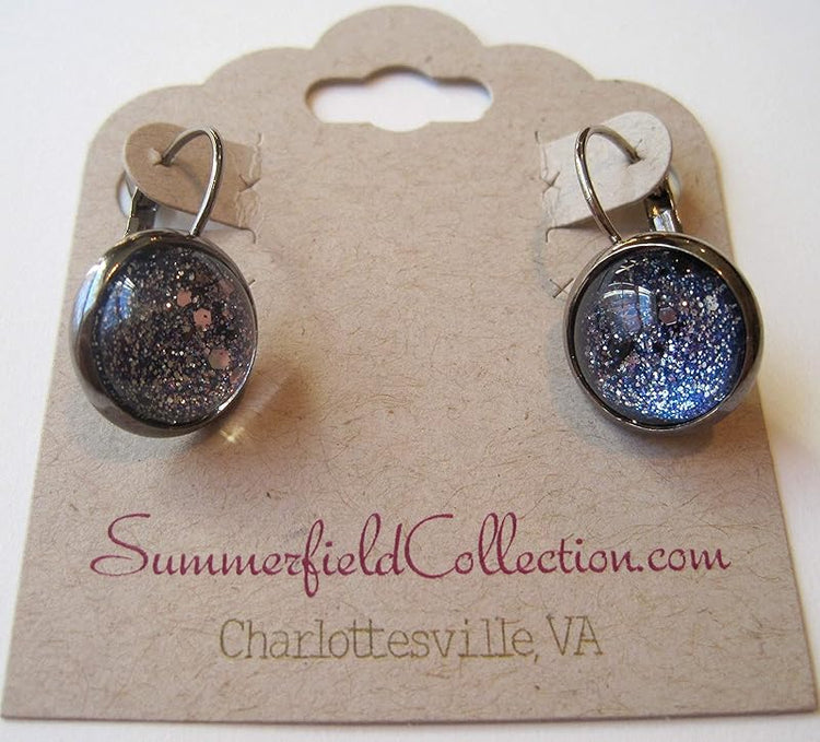 Summerfield Collection Hematite-tone Blue Silver Black Glitter Glass Galaxy Lever-back Drop Earrings Hand-painted