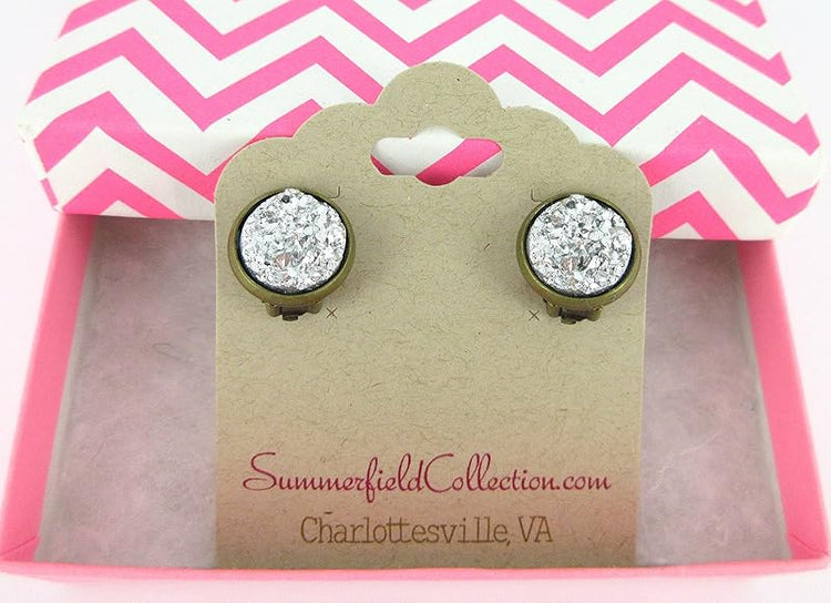 Summerfield Collection CLIP-ON Antiqued Gold-tone Faux Druzy Stone Stud Earrings 12mm (Silver Metallic)