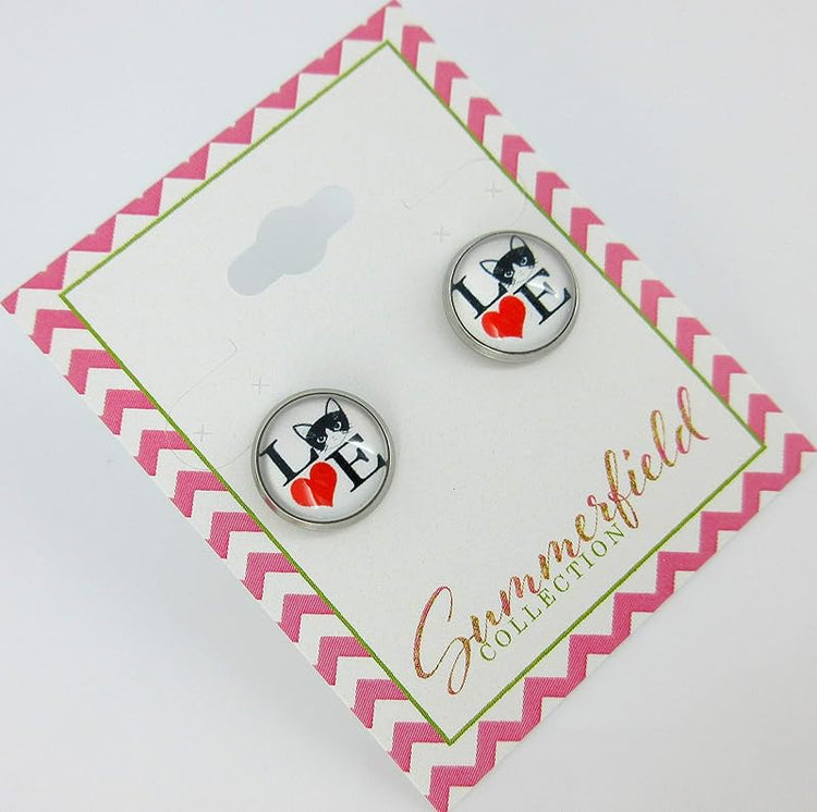 Summerfield Collection Stainless Steel Cat Lover Printed Glass Stud Earrings 12mm (LOVE Cats)