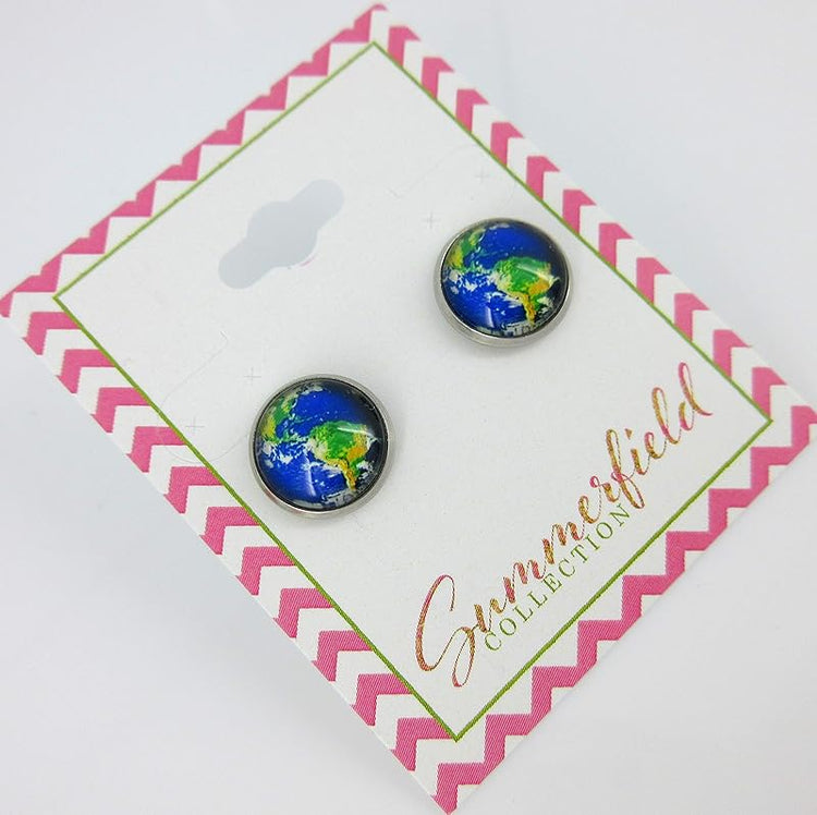 Summerfield Collection Stainless Steel Blue Green Planet Earth World Globe Print Glass Stud Earrings 12mm