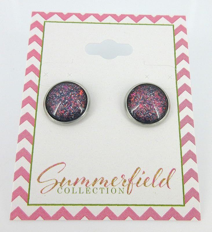 Summerfield Collection Stainless Steel Gray and Rainbow Holographic Glitter Glass Stud Earrings Hand-painted 12mm