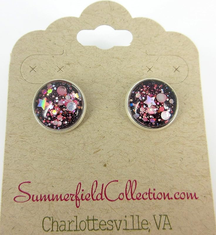 Summerfield Collection Silver-tone Stardust Glitter Glass Galaxy Stud Earrings Hand-painted 12mm