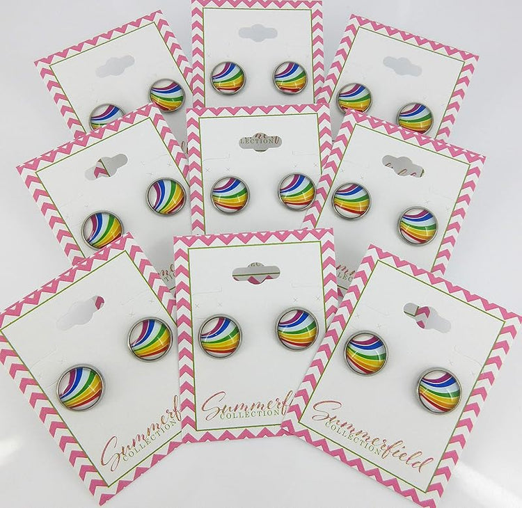 Summerfield Collection Stainless Steel Vintage Rainbow Stripe Print Glass Stud Earrings 12mm