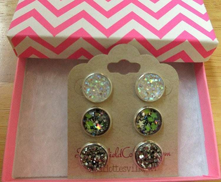 Summerfield Collection Silver-tone Trio Stud Earrings Neon Green Black Glitter Glass Gunmetal Clear Faux Druzy Stone Set