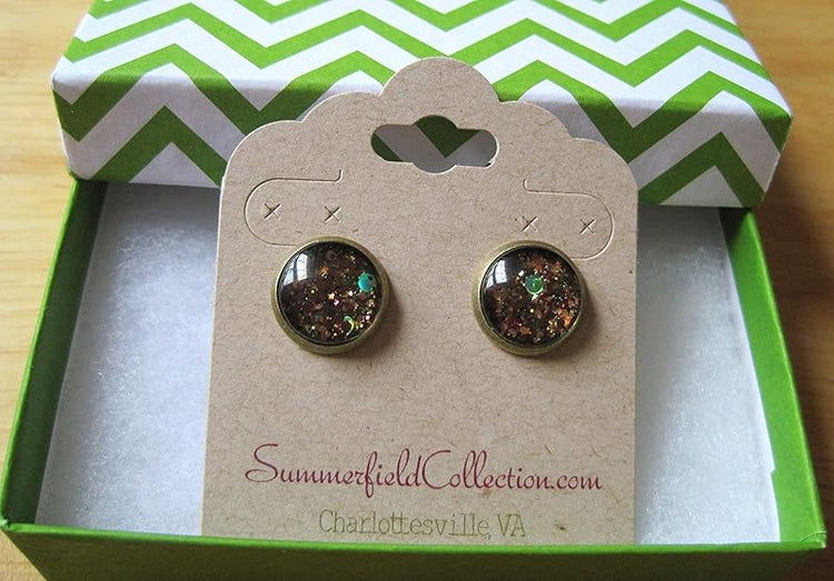 Summerfield Collection Antiqued Gold-Tone Brown Green Black Glitter Glass Stud Earrings 1/2" Round