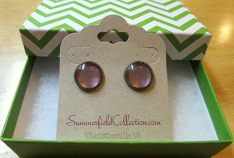 Summerfield Collection Antiqued Gold-tone Metallic Deep Purple Color Shifting Glass Stud Earrings Hand-painted 12mm