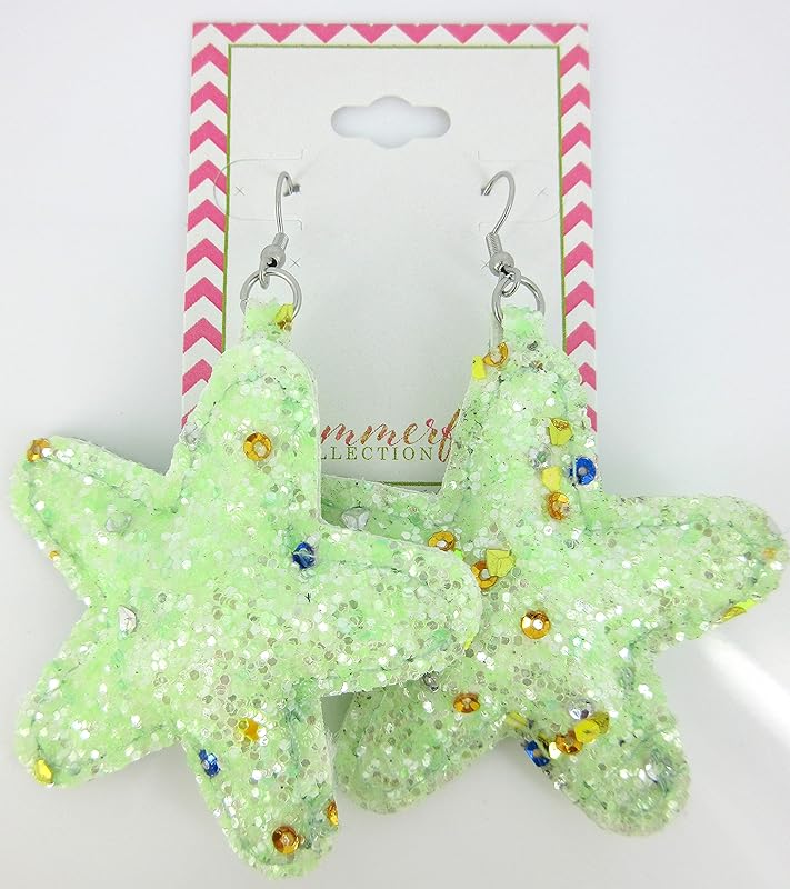 Summerfield Collection Stainless Steel Pastel Glitter Faux Leather Large Puffy Star Dangle Earrings (Mint Green)