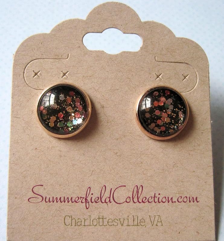 Summerfield Collection Rose Gold-tone Confetti Glitter Black Glass Stud Earrings Hand-painted 12mm