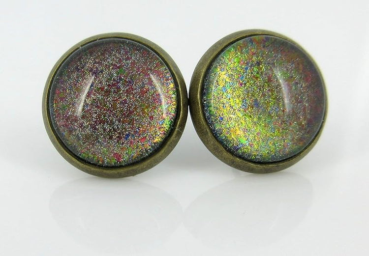 Summerfield Collection Antiqued Gold-tone Rainbow Color-shifting Glitter Flake Glass Stud Earrings