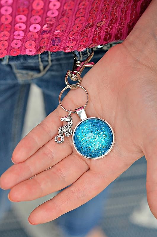 Summerfield Collection Antiqued Silver-tone Ocean Blue Glitter Glass Keychain Seahorse Charm Hand-painted