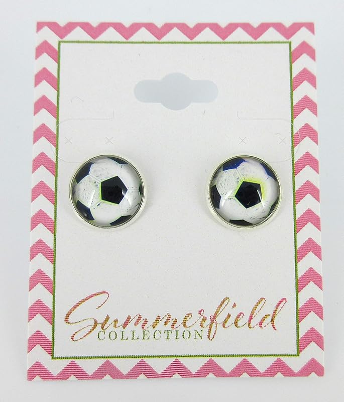 Summerfield Collection Silver-tone Soccer Ball Print Glass Stud Earrings 12mm