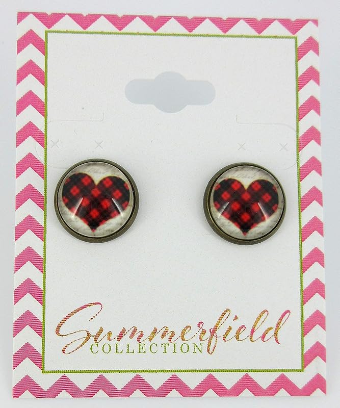Summerfield Collection Antiqued Gold-tone Buffalo Plaid Heart Print Glass Stud Earrings 12mm