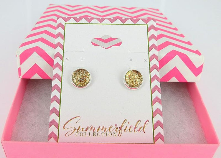 Summerfield Collection Silver-tone Orange Glitter Glass Stud Earrings Hand-painted 8mm