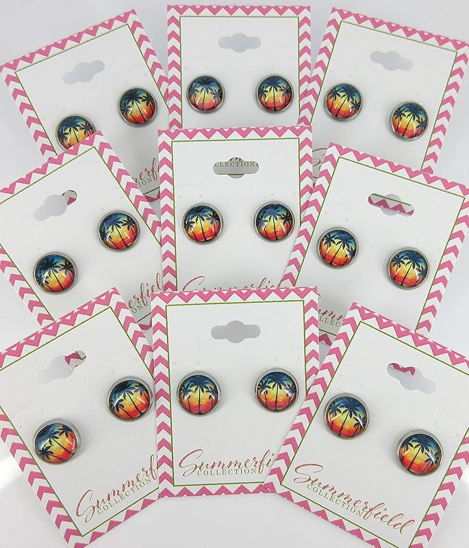 Summerfield Collection Stainless Steel Tropical Sunset Palm Tree Print Glass Stud Earrings 12mm